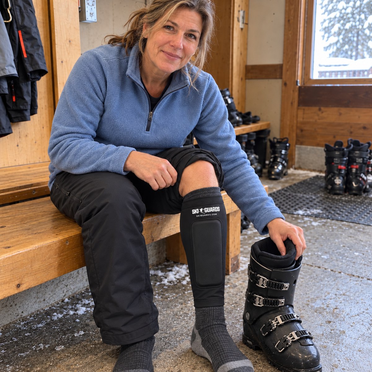 Woman wearing SkiGuard Pro over a ski sock while preparing to put on her ski boot
